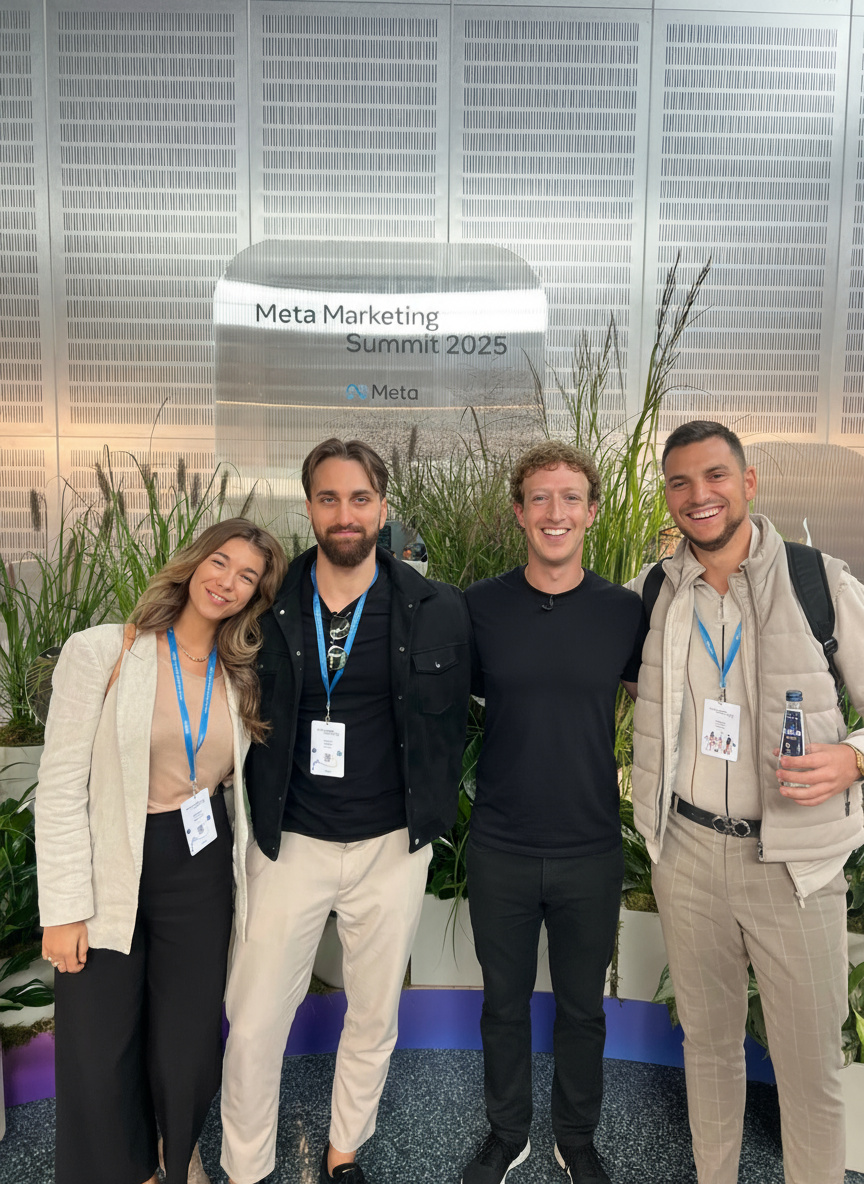 Valentin and the Anchor Media team at Meta Marketing Summit 2025 with Mark Zuckerberg